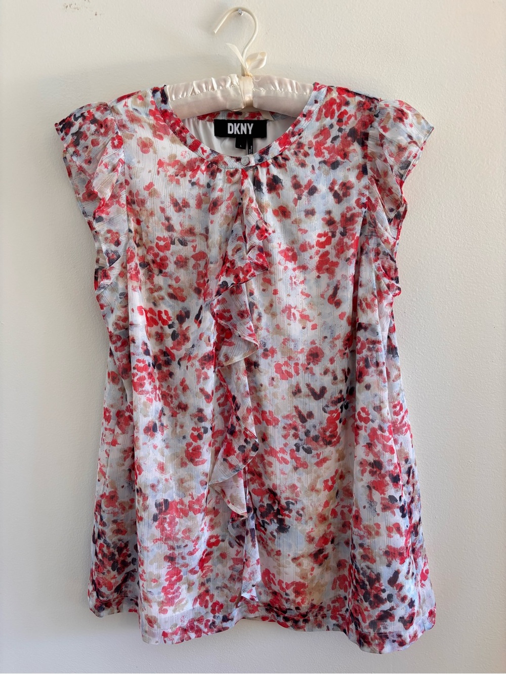 DKNY Pink Floral Shimmer Blouse with Ruffle Front